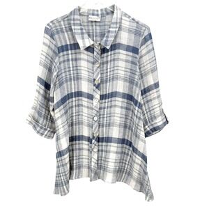 Habitat Blue White Plaid Linen Blend Button Up Shirt Size L Tunic Top Textured